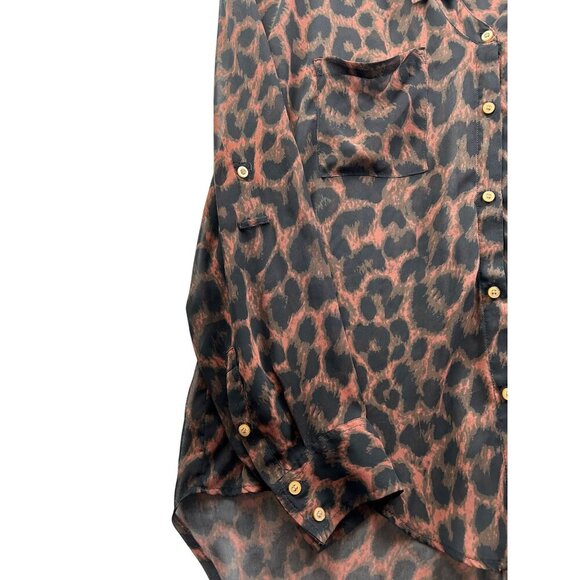 FREE PEOPLE Sheer Leopard Animal Print Button-Up High-Low Long Sleeve Blouse L - Picture 4 of 8